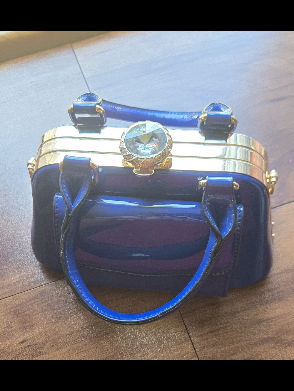 Blue Retro Patent Top-Handle/Crossbody Women's Bag with Gold Accent